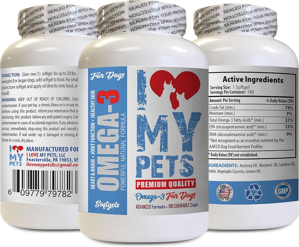 I LOVE MY PETS LLC supplément de protéines de chien - Omega 3 Huile de poisson pour chiens - Avancé Qualité Premium - epa pour chiens - 180 Softgels (1 bouteille)