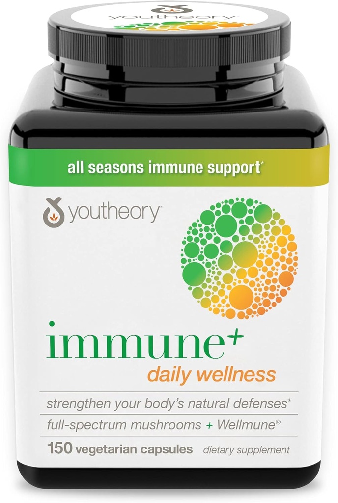 Youtheory Immune+ Daily Wellness- Champignons organiques- Beta Glucan- Vitamine C, D3 et Zinc 150 Caps végétariens