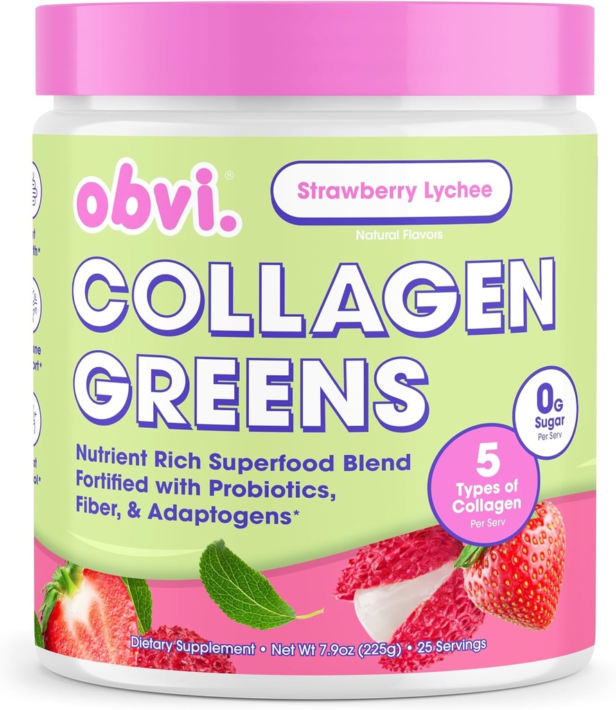 Obvi Collagen Greens | Organic Greens Superfood Powder with Collagen Peptides | Probiotics for Gut Health, Skin, Hair, Nails | Gluten-Free, Zero Sugar | Strawberry Lychee Flavor, 25 Servings