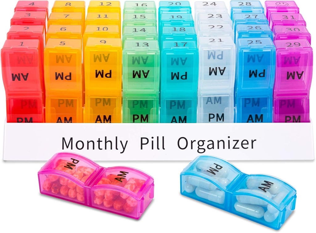 ASprink Monthly Pill Organizer 2 fois par jour, 30 jours et un mois Pill Box AM PM, 31 jours Pill Case Petits compartiments pour contenir des vitamines, Travel Medicine Organizer, 31 jours Pill Organizer Deux fois par jour
