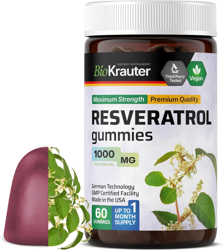 BIO KRAUTER Resveratrol Gummies - 1000 mg Strength - 60 Vegan Chews - 98% Pure Trans Resveratrol Supplement - Antioxidant Support