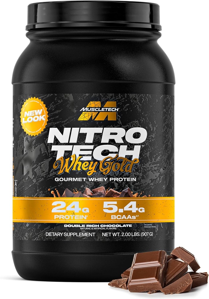 Muscletech Whey Protéine Poudre (Double chocolat riche, 2LB) - Nitro-Tech Whey Protéine Isolée Mélange de Smoothie pour Lean Muscle & Recovery - 24g d'Or Whey pour les femmes et les hommes - Emballage Mai Varier