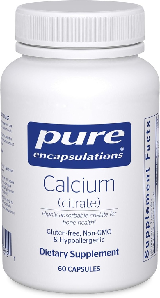 Encapsulations pures Calcium (Citrate) - Supplément pour le soutien de la santé des os, des dents, des colonies et des maladies cardiovasculaires* - avec citrate de calcium Premium - 60 capsules