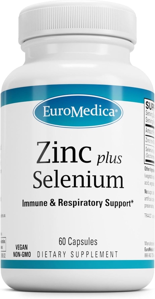 EuroMedica Zinc Plus Sélénium - Supplément de soutien à la santé immunitaire et respiratoire - Supplément minéral avec chélate de bisglycinate de zinc - Formule avec sélénium pour le soutien à la santé cellulaire - 60 capsules