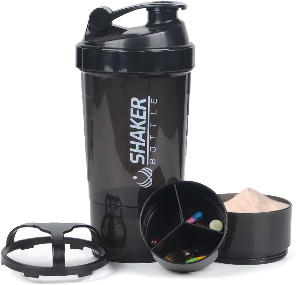 Bouteille de Shaker Protein, 16 oz pour la poudre de protéines avec stockage, Bouteille d'eau sport, sans glissade 3 couches Twist Off 3oz tasses avec bac à pilules anti-fuite pour les mélanges de protéines