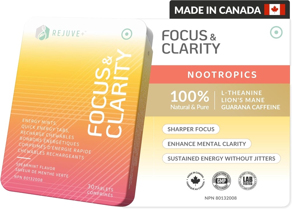 Focus & Clarity Nootropic Supplement – Brian Boost-L-Theanine, Caféine, Lion, Manille, Magnésium, Vitamine B6 & B12.