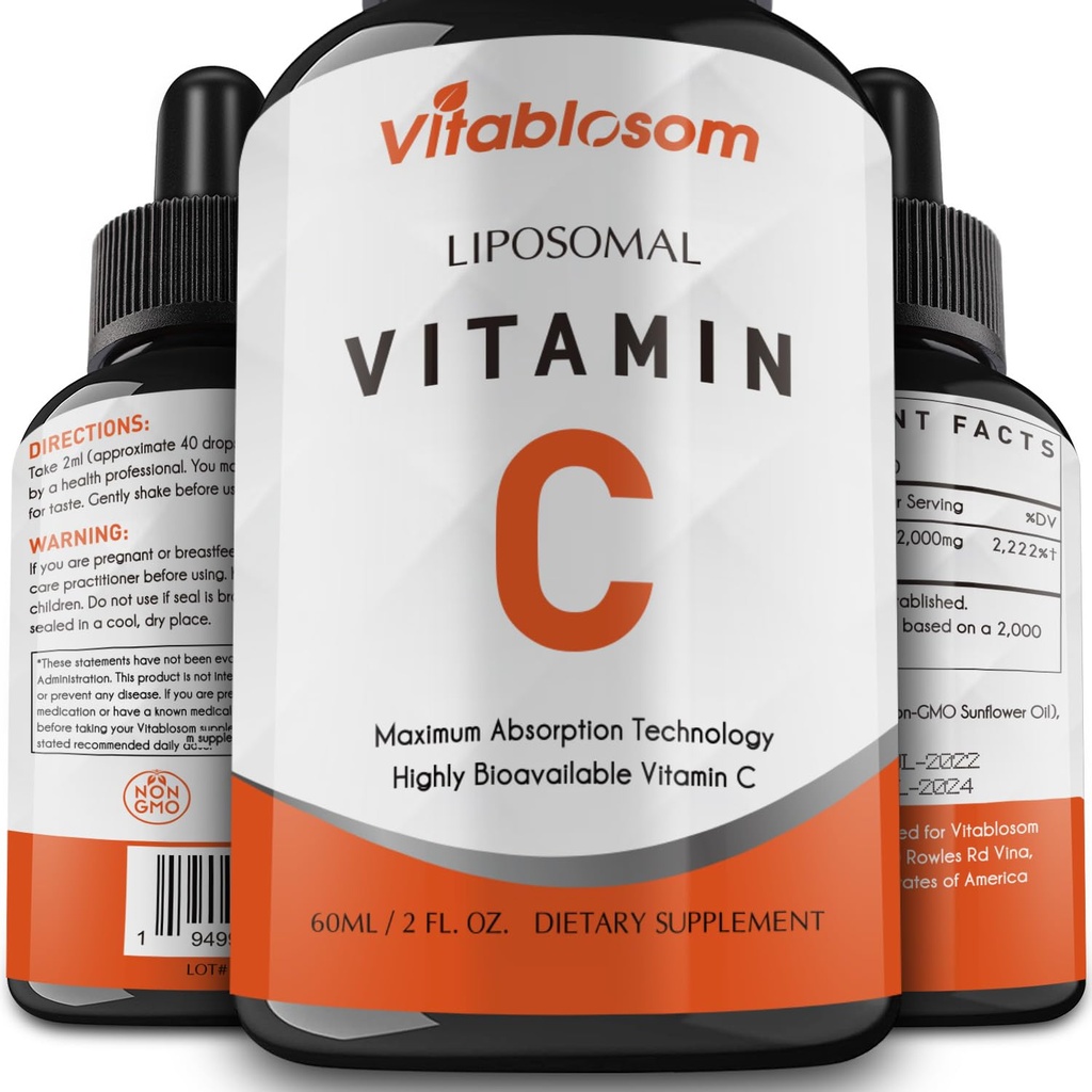 Vitablosom Liposomal Vitamin C 2000mg Liquid for Adults, High Absorption VIT C, Maximize Vitamin C, Immune System & Antioxidant Support, 60ML (1 Bottle)
