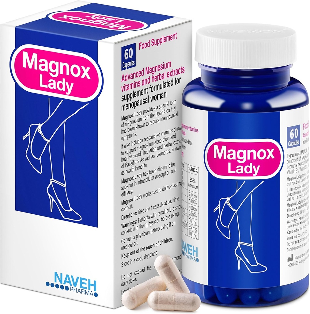MAGNOX® Lady Magnesium Supplément de soutien à la ménopause et aux SPM pour les femmes Complexe de magnésium avec vitamines B6, B1, B12, D, Zinc.