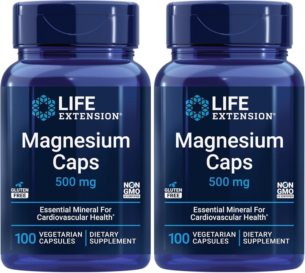 Extension de vie Magnésium Caps, 500 mg, Succinate de magnésium, Santé du coeur, Bons en santé, Soutien du métabolisme - Pack de deux - 2 x 100 Capsules végétariennes