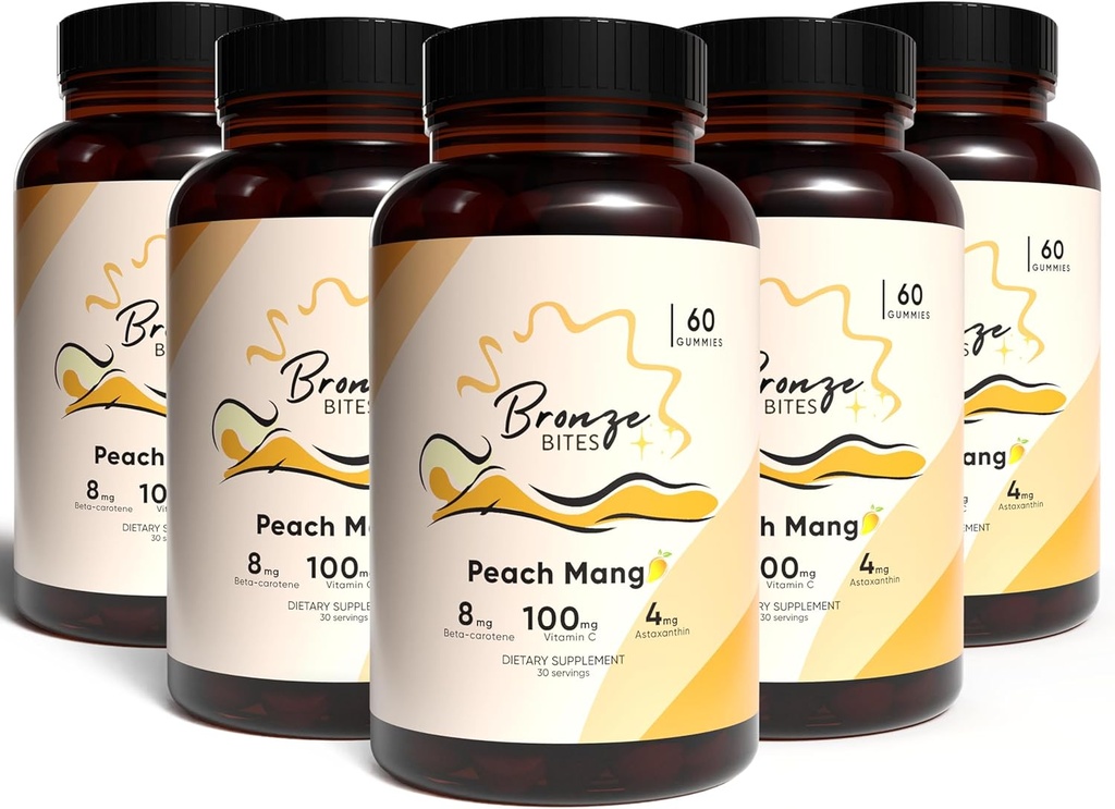 Gummies de bronzage, Gummie quotidienne avec bêta-carotène et vitamine C et astaxanthine, supplément de bronzage naturel, végétalien, non-OGM - 180 Gummies – Pack de 5