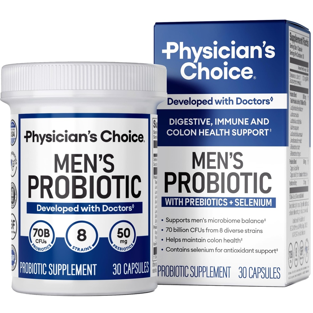 Choix du médecin Probiotiques pour les hommes - 70 milliards UFC - 8 souches - avec/sélénium et prébiotiques organiques - soutient la santé digestive, le microbiome, le colon et la santé immunitaire - Probiotique masculin avancé - 30ct
