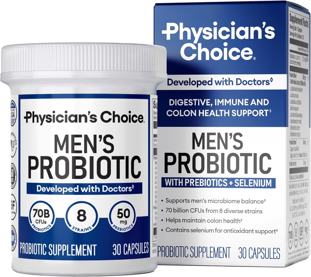 Choix du médecin Probiotiques pour les hommes - 70 milliards UFC - 8 souches - avec/sélénium et prébiotiques organiques - soutient la santé digestive, le microbiome, le colon et la santé immunitaire - Probiotique masculin avancé - 30ct