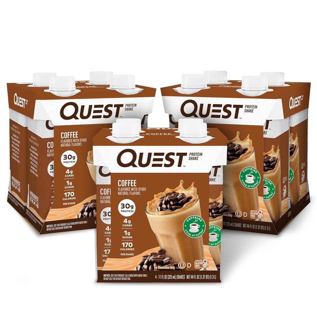 Quest Nutrition Prête à boire Coffee Protein Shake, 30g de protéines, 4g de glucides, 1g de sucre, sans gluten, Keto Friendly, 4 Compte (paquet de 3)