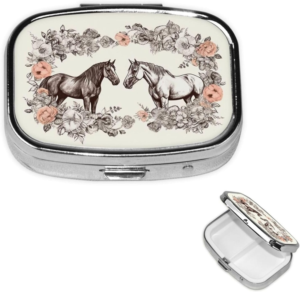 Boîte à pilules Fleurs et chevaux Drawn à la main Square Pill Case for Purse & Pocket 2 Compartiment Medicine Pill Organizer Portable Travel Pillbox Medicine Vitamine Cod Foie Oil Storage Box