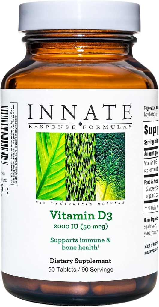 Formules de réponse INNATE Vitamine D3 2000 UI (50 mcg) - Supplément de vitamine pour soutenir la santé immunitaire et osseuse - Végétarienne, non-OGM et casher - Fabriquée sans 9 allergènes alimentaires - 90 comprimés (90 portions)