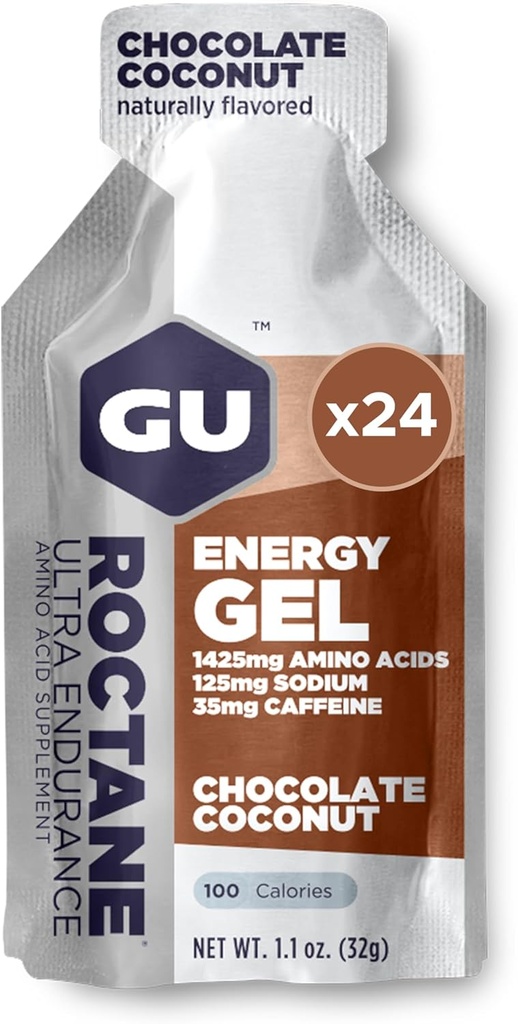 GU Energy Roctane Ultra Endurance Energy Gel, Vegan, Gluten-Free, Kosher, and Dairy-Free On-The-Go Sports Nutrition for Running, Biking, Hiking or Skiing, Chocolate Coconut,24-Count