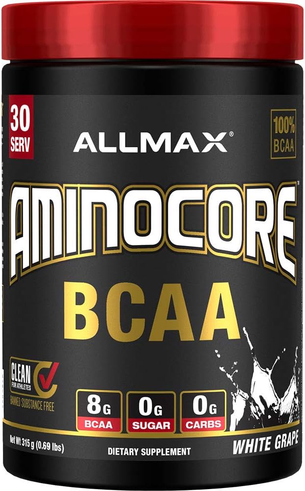 ALLMAX Nutrition AMINOCORE BCAA Poudre, 8.18 Grams d'acides aminés, boisson de récupération intra et post-entraînement, sans gluten, raisins blancs, 315 g
