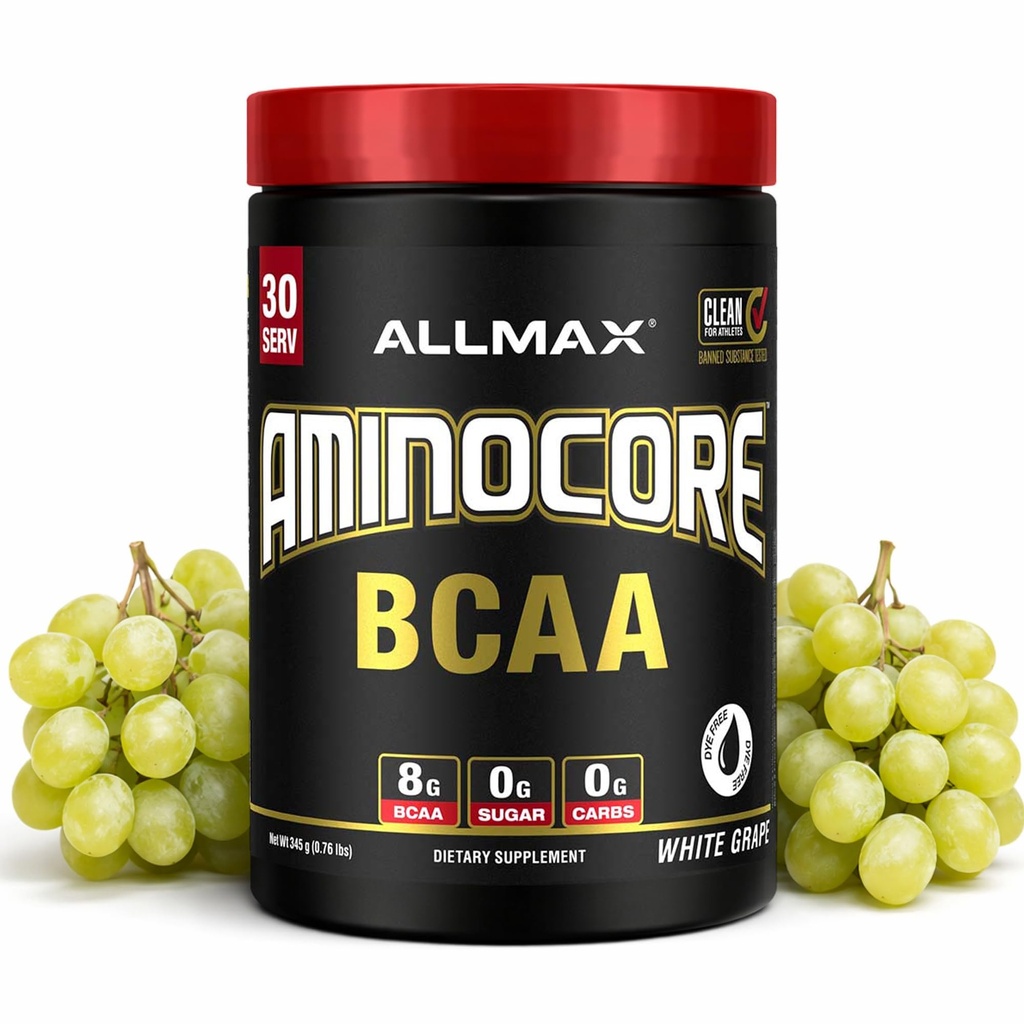 ALLMAX Nutrition AMINOCORE BCAA Poudre, 8.18 Grams d'acides aminés, boisson de récupération intra et post-entraînement, sans gluten, raisins blancs, 315 g