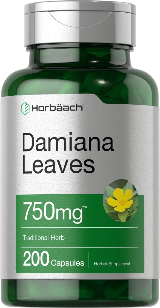 Horbäach Damiana Leaf 750mg, 200 Capsules, Supplément sans gluten