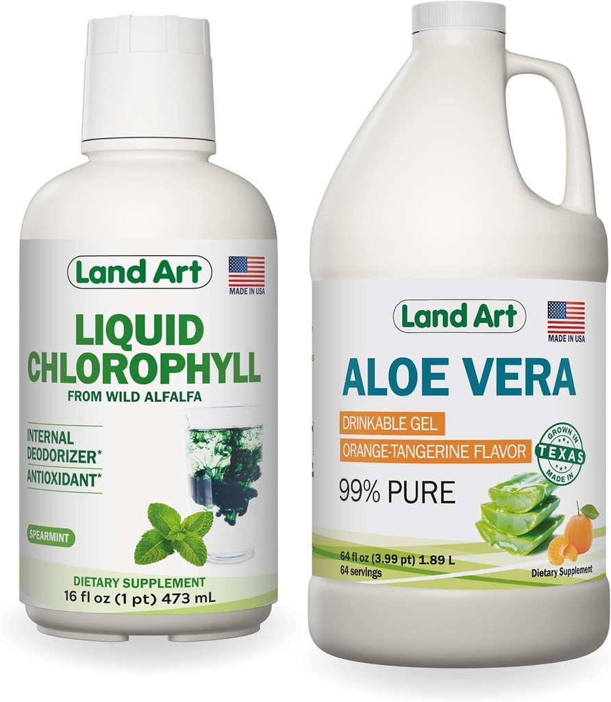 Land Art Aloe Vera Gel buvable - Aromatisé à l'orange Tangerine - Procédé à froid - Feuilles fraîches organiques - 64floz + Aromatisé à la menthe de chlorophylle liquide - Extrait à froid de l'Alfalfa sauvage non OGM - 16floz