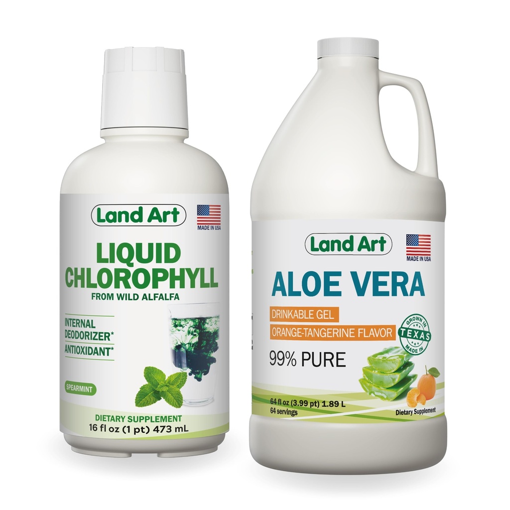 Land Art Aloe Vera Gel buvable - Aromatisé à l'orange Tangerine - Procédé à froid - Feuilles fraîches organiques - 64floz + Aromatisé à la menthe de chlorophylle liquide - Extrait à froid de l'Alfalfa sauvage non OGM - 16floz