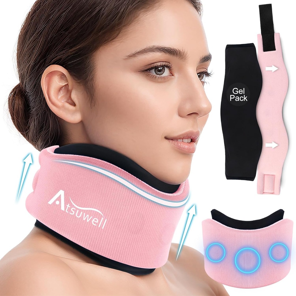 Atsuwell collier doux collier col cervical, collier réglable soutien avec pack de gel amovible, enveloppe de glace réutilisable pour la posture correcte, sommeil, rose