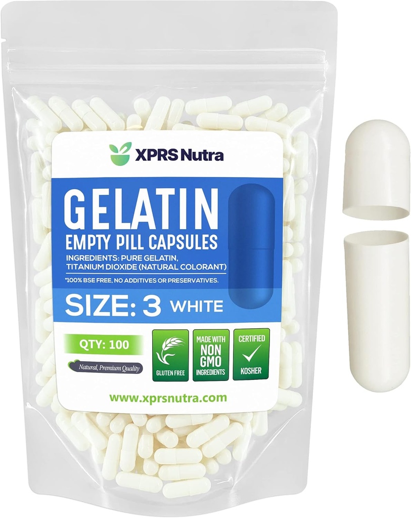 XPRS Nutra Taille 3 Capsules vides - 100 Compte Capsules de gélatine vides - Pills Bricolage Capsule Remplissage - Gel de pilules pures Bovines Caps remplissables Do-It-Youlf Vitamines et suppléments (Blanc)