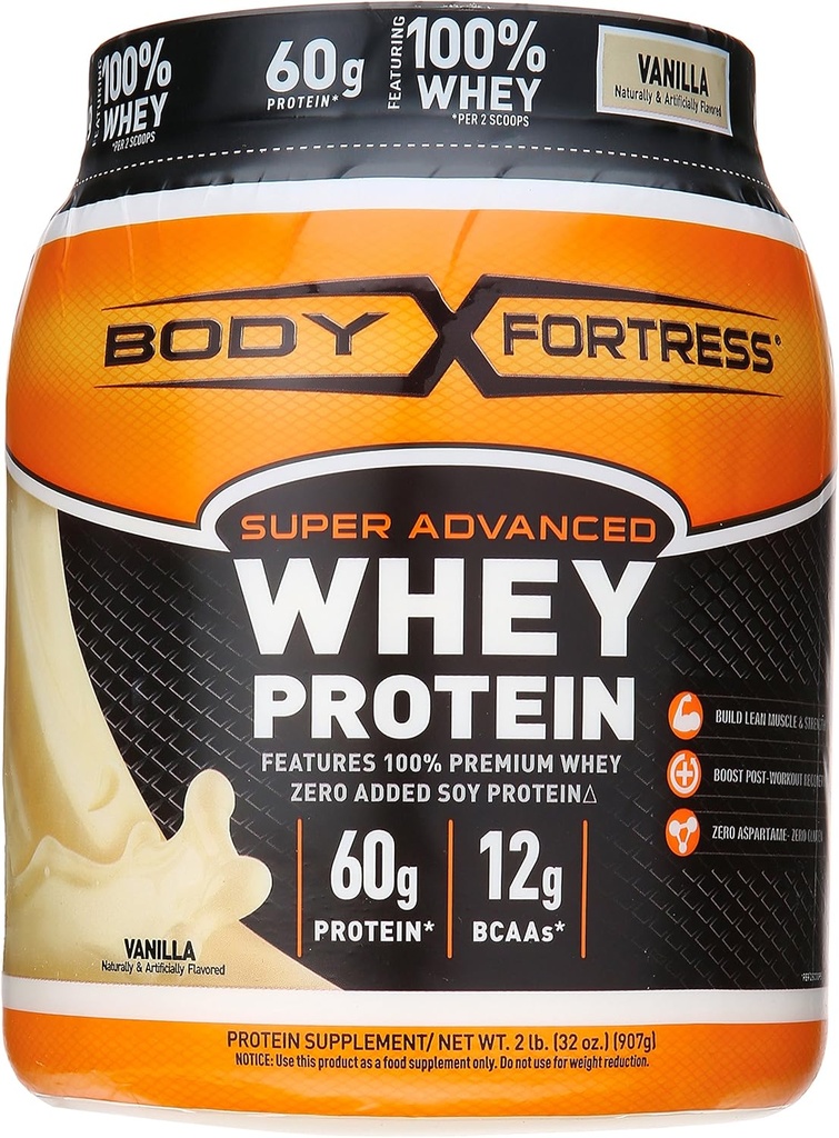 Body Fortress Super Advanced Whey Protéines Poudre, plus de créatine et de glutamine, sans gluten, vanille, 32 once (2lb)