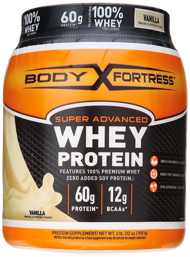 Body Fortress Super Advanced Whey Protéines Poudre, plus de créatine et de glutamine, sans gluten, vanille, 32 once (2lb)