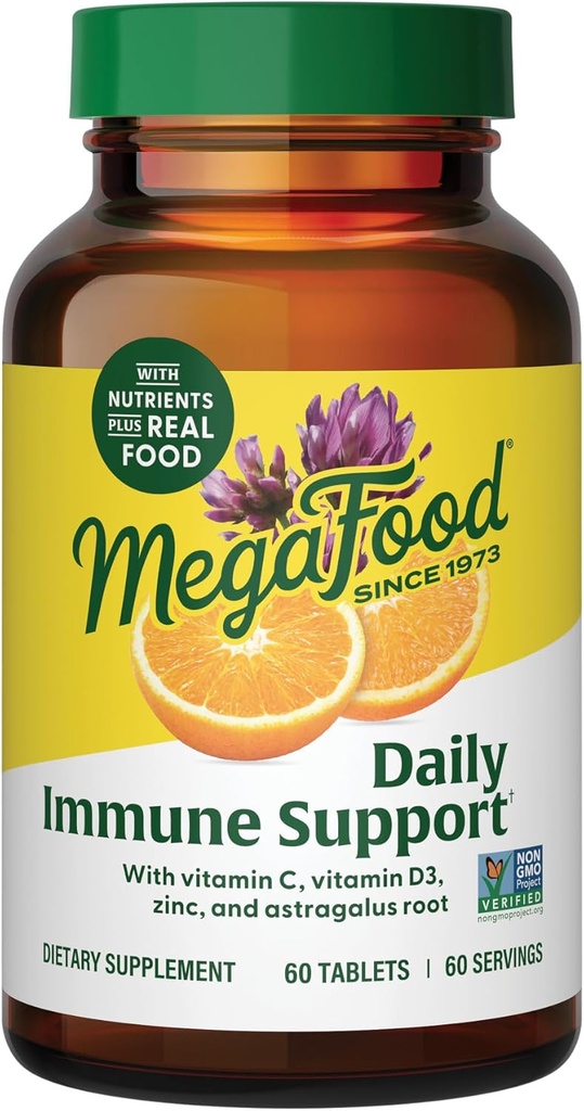Soutien immunitaire quotidien MegaFood - Supplément de soutien immunitaire avec vitamine C, vitamine D, zinc, racine d'Astragalus, et plus - Vitamines pour les femmes et les hommes - Non-OGM - Fabriqué sans 9 allergènes alimentaires - 60 onglets