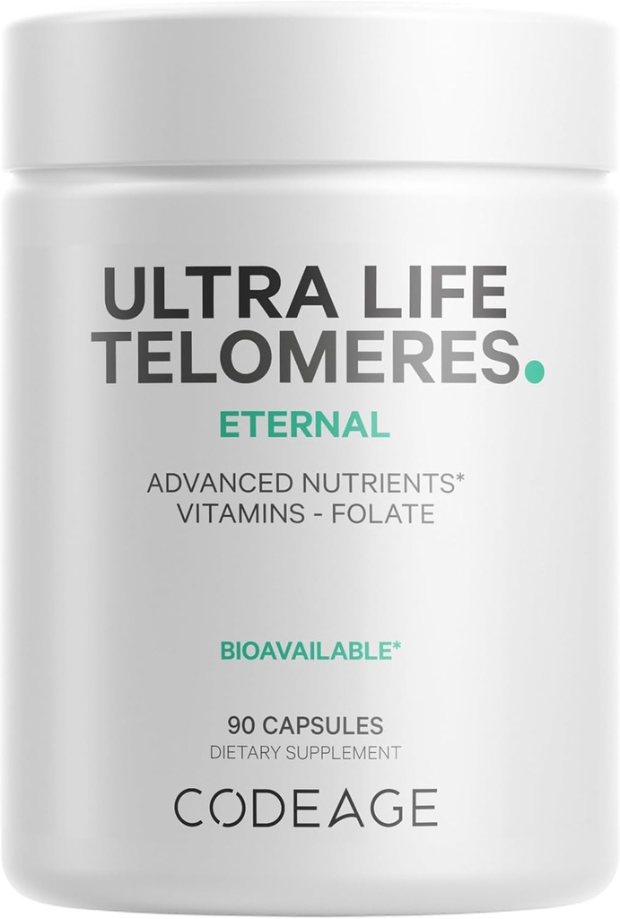 Supplément pour les télomères ultra-vie - 5 folate de MTHF Vitamine B9, Vitamine B12 méthylcobalamine, Vitamine D3, L-Theanine, Ashwagandha - Approvisionnement en 3 mois - ADN, cycle de méthylation - Non-OGM - 90 capsules