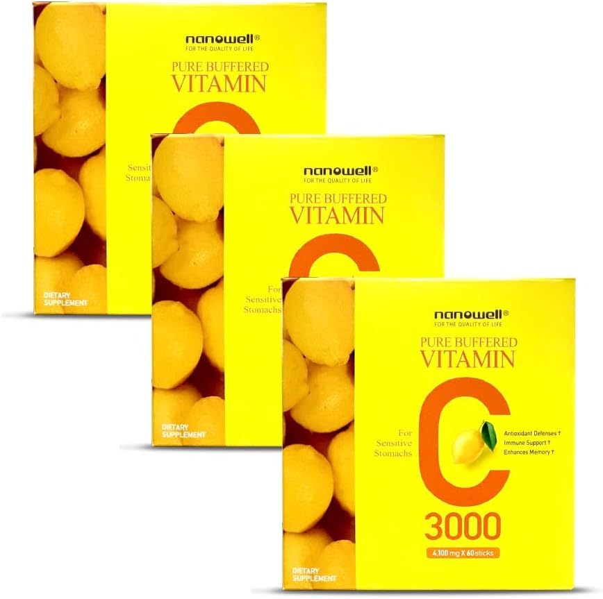 NANOWELL Pure Buffered Vitamin C 3000 mg per Serving, Dietary Supplement for Immune Support - 60 Sticks x 3 Boxes, 6 Months Supply (180 Count)