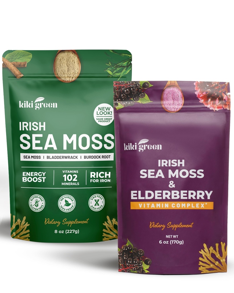 KIKI Green Sea Moss Powder Bundle - Immune Support Superfood Complex 8 oz, 6 oz - Raw Sea Moss, Burdock Root, Bladderwrack, Elderberry Extract - pour Immunity Boost, Energy & Health Support