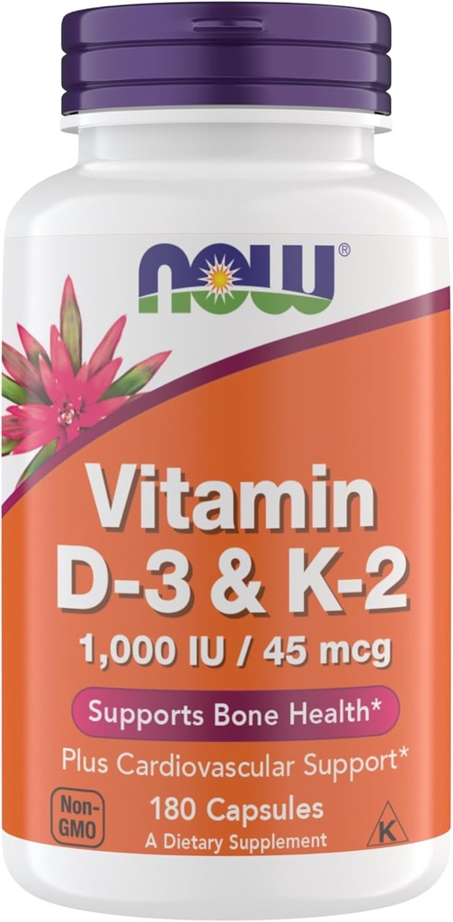 Suppléments Vitamine D3 K2, 1 000 UI/45 mcg, Soutien cardiovasculaire, Soutien à la santé osseuse, 180 Capsules végétariennes - Vegan, Sans gluten, Suppléments de vitamine D3 et K2 kasher (paquet de 1)