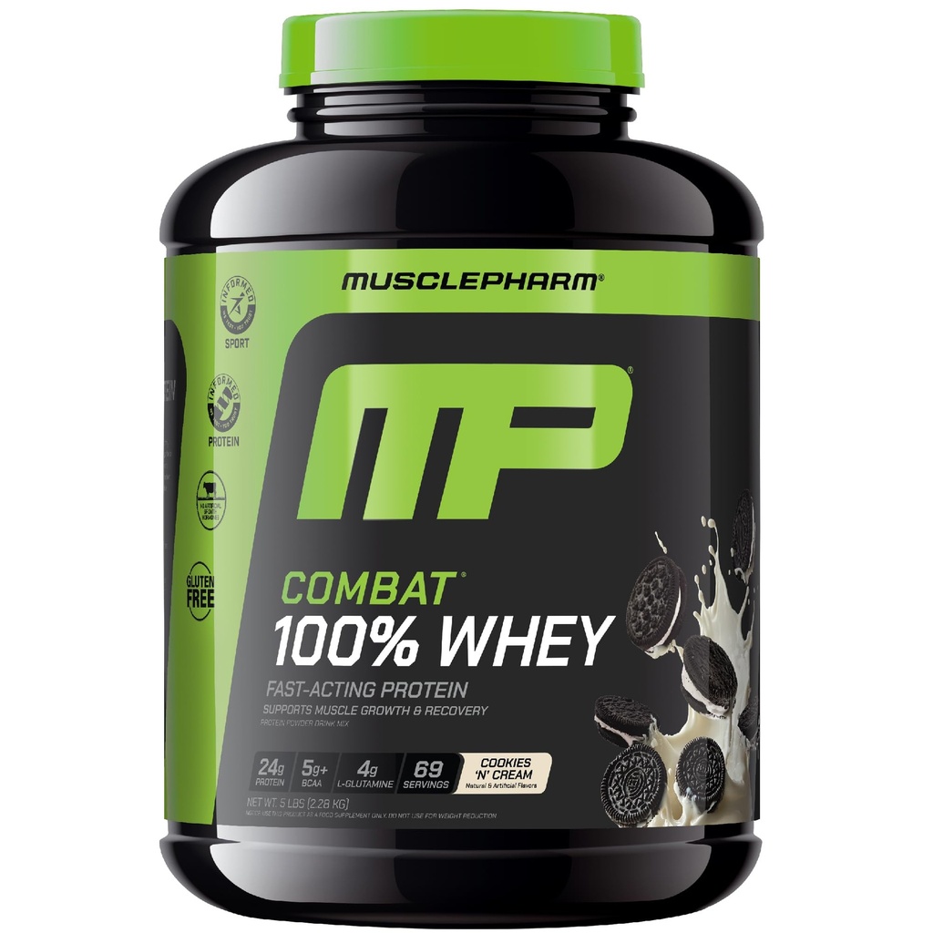 MusclePharm Combat 100% poudre de protéines de lactosérum, cookies «N» Saveur de crème, récupération rapide et gain musculaire avec Isolation de protéines de lactosérum, poudre à haute teneur en protéines pour les femmes et les hommes, sans gluten, 5 lb, 69 portions
