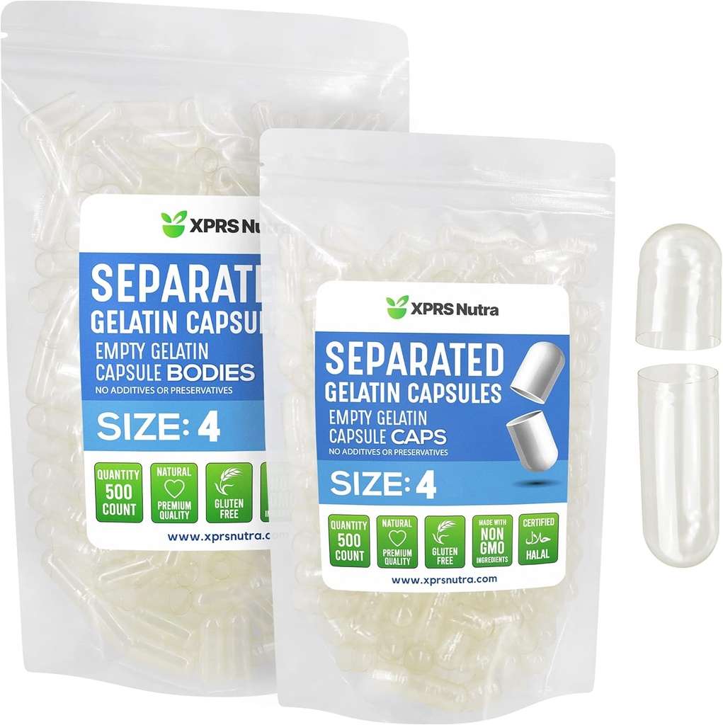 XPRS Nutra Gélatine Taille 4 Capsules séparées - 500 Compter Effacer les petites capsules vides Séparées dans des sacs - Bouchons de pilules rechargeables bricolage - Taille 4 Gel Do-It-Youlf Vitamine et supplément remplissage