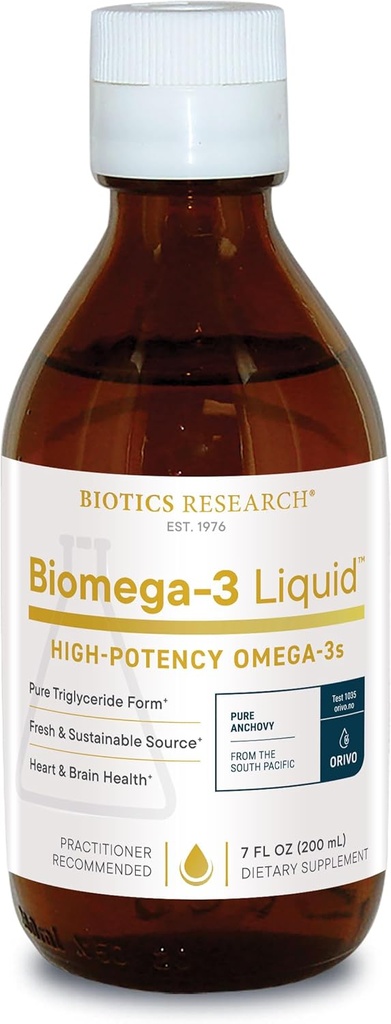Recherche en biotique Biomega 3 LiquidTM Huile de poisson Omega 3 hautement concentrée Liquide, d'origine durable, traçable, pur 2490 mg d'acides gras DHA Omega 3 par PST 1040 mg DHA 7 Fl Ounces 200ml 40 SVG