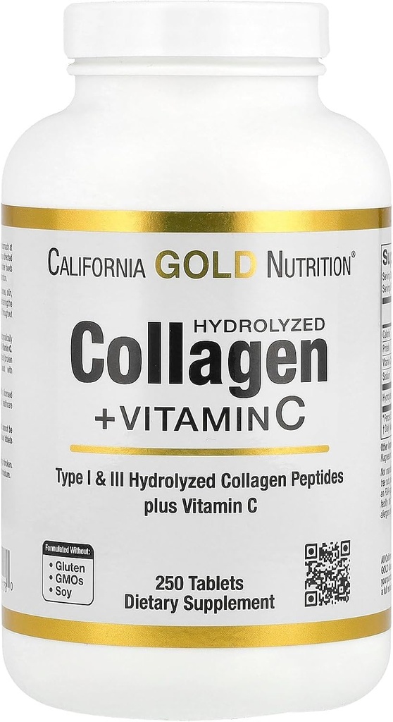 California Gold Nutrition Hydrolysed Collagen Peptides + Vitamine C Support pour cheveux, peau, ongles, articulations et os - Avec des peptides de collagène de type I et III - sans gluten, sans OGM - 250 comprimés