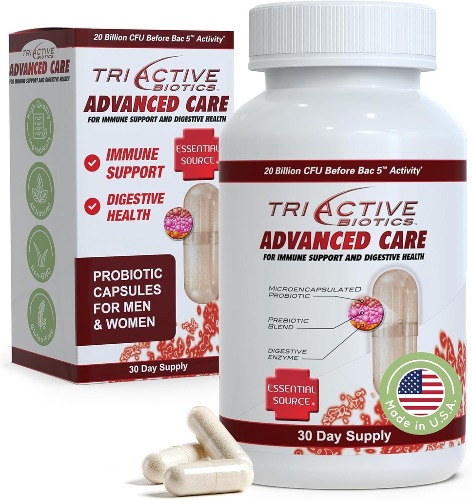 Essential Source TriActive Biotics Advanced Care - 20 Billion CFU Probiotics for Digestive Health, Immune Support Supplement, Microencapsulated Probiotics for Women & Men, 30 Ct Capsules