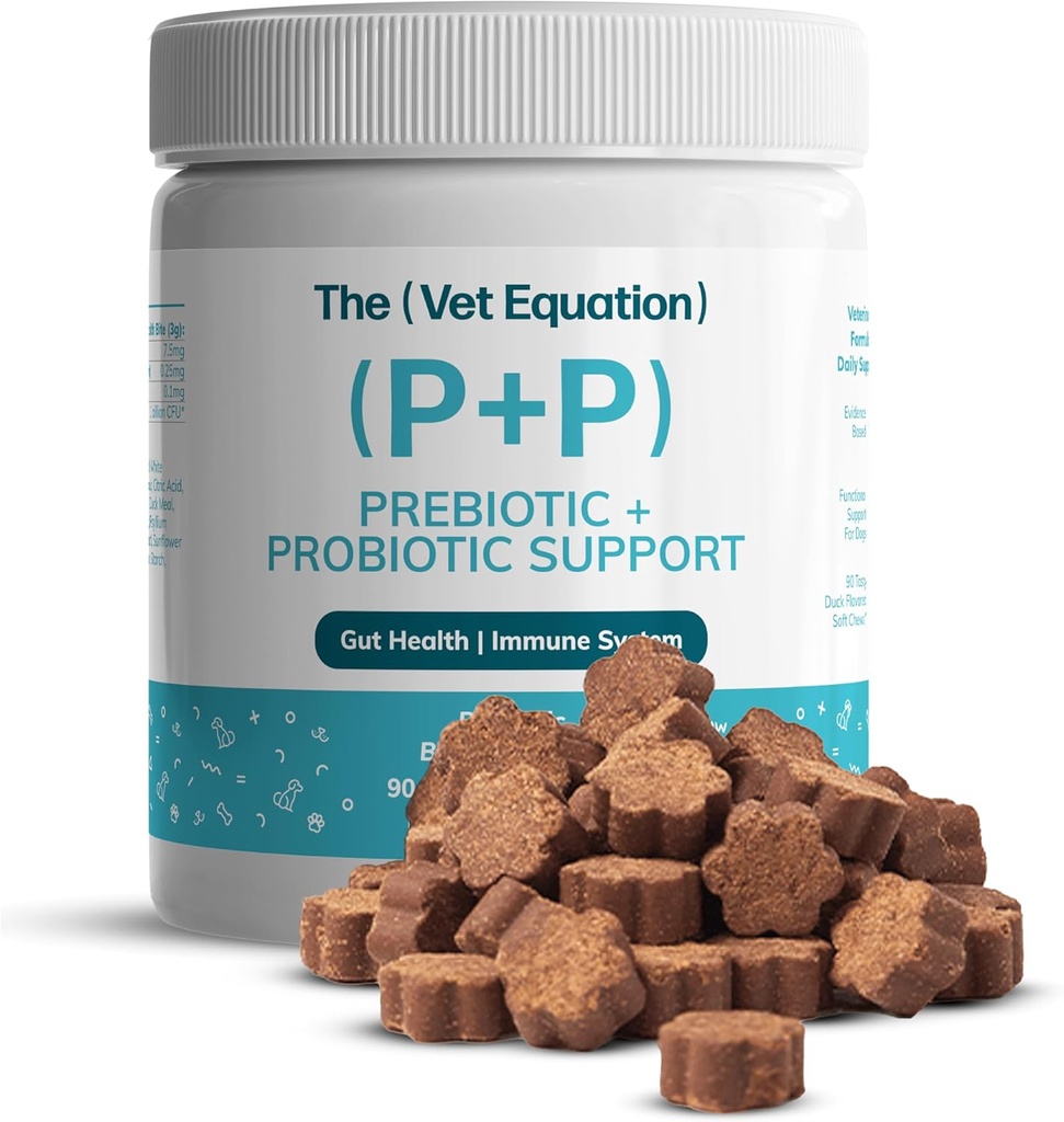 Prebiotic & Probiotic for Dogs – Digestive & Gut Health Chews – Natural Duck Flavor, 90 Count – with Bacillus Subtilis, Vitamin B12 & Folic Acid – Supports Immune & Digestive Health