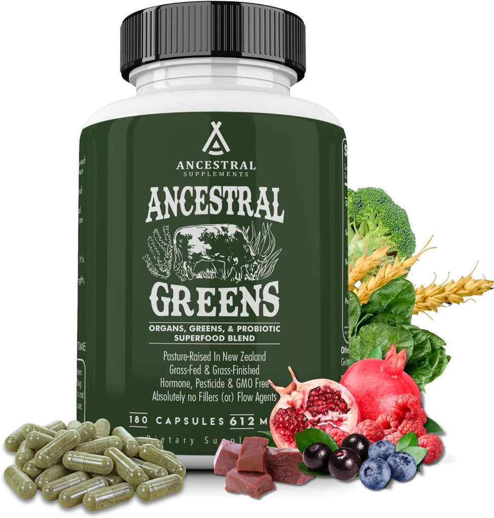 Suppléments ancestraux Capsules de poudre de Greens, Verts et Rouges bio Superfood Mélanger avec Spiruline, Chlorella, Organes de boeuf herbeux et Probiotiques pour la santé Gut, Non OGM, 612mg Chacun, 180 Compte