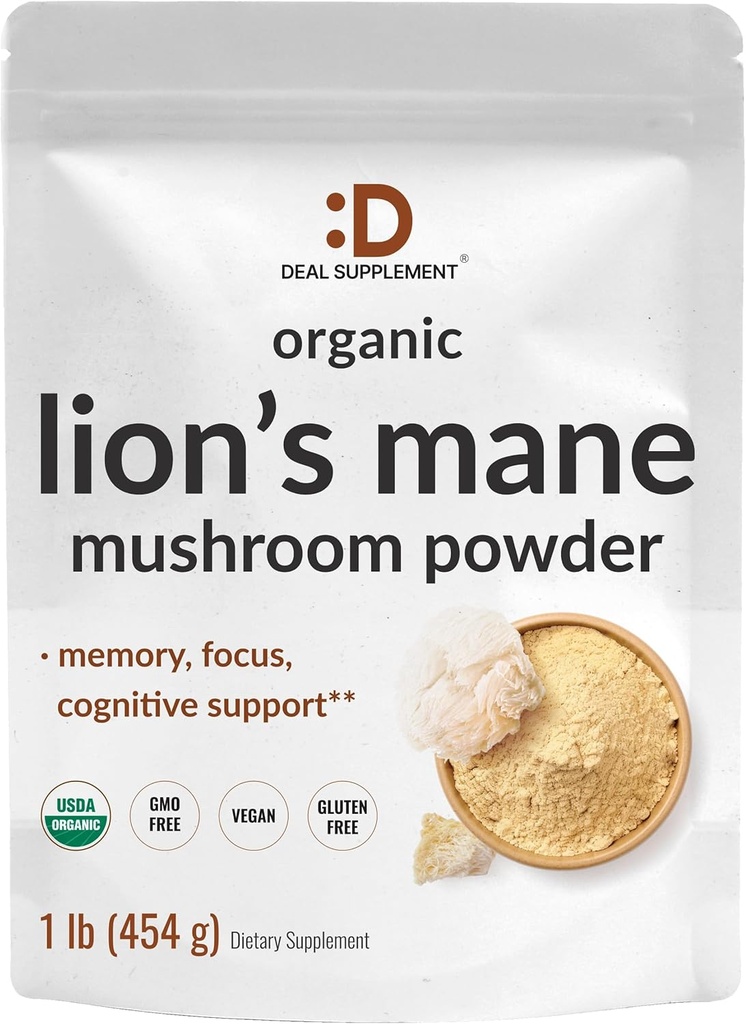 SUPPLÉMENT DE DÉAL Lions biologiques complément de poudre de champignons de la Mane, 1 500mg par portion, 1lb – Corps de fruit actif et extrait de mycélium – Booster naturel du cerveau Nootropique et système immunitaire – Non-OGM
