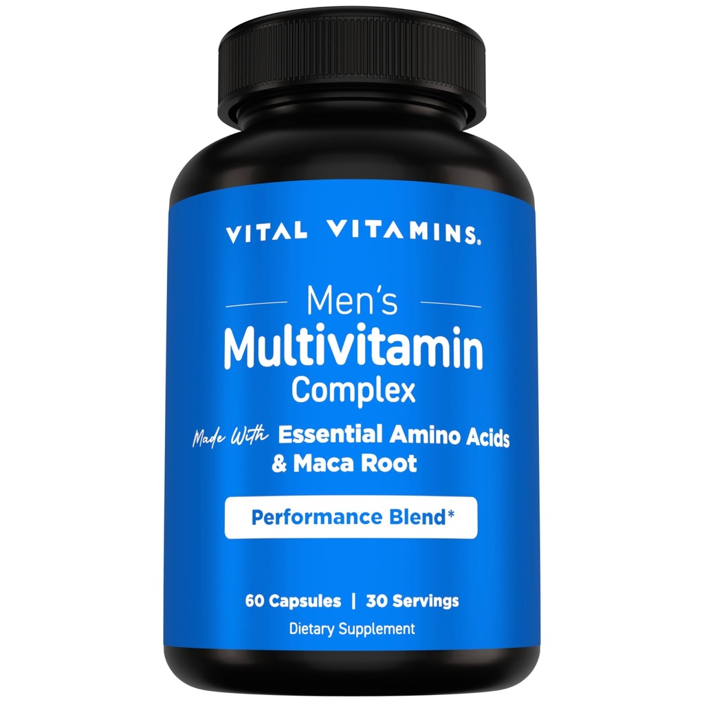 Vitamines vitales Complexe multivitaminique masculin - avec acides aminés essentiels et racine de maca - avec vitamine A, C, E, B6, B12, D3 et mélange de performance masculine - Multivitamine quotidienne masculine - 60 capsules