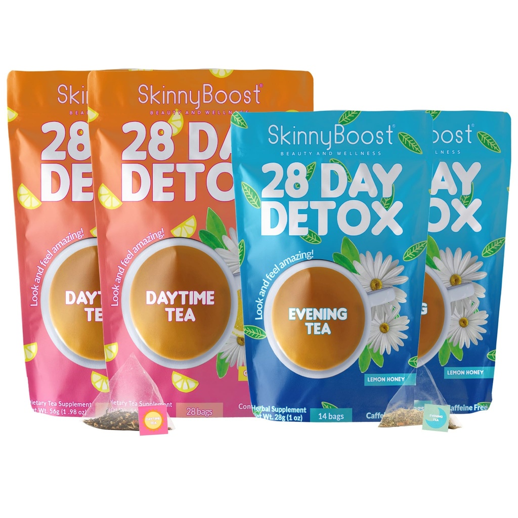 Skinny Boost Detox Tea Kit – 4 PACK - 2 thés de jour (56 sacs) 2- Thés du soir (28 sacs) – Détox à base d'herbes pour le poids, le métabolisme, l'énergie, le ballonnement et le nettoyage des colonies – thé vert, végétalien, kéto, non-OGM, sans sucre