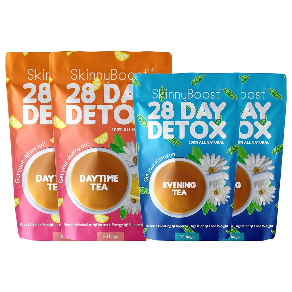 Skinny Boost Detox Tea Kit – 4 PACK - 2 thés de jour (56 sacs) 2- Thés du soir (28 sacs) – Détox à base d'herbes pour le poids, le métabolisme, l'énergie, le ballonnement et le nettoyage des colonies – thé vert, végétalien, kéto, non-OGM, sans sucre