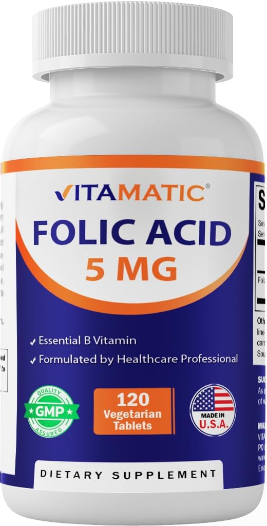 Acide folique vitamatique 5mg (5000 mcg) – 120 comprimés végétariens Vitamine B9 à haute puissance pour la santé cellulaire, le soutien cardiaque et les soins prénatals