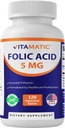 Acide folique vitamatique 5mg (5000 mcg) – 120 comprimés végétariens Vitamine B9 à haute puissance pour la santé cellulaire, le soutien cardiaque et les soins prénatals