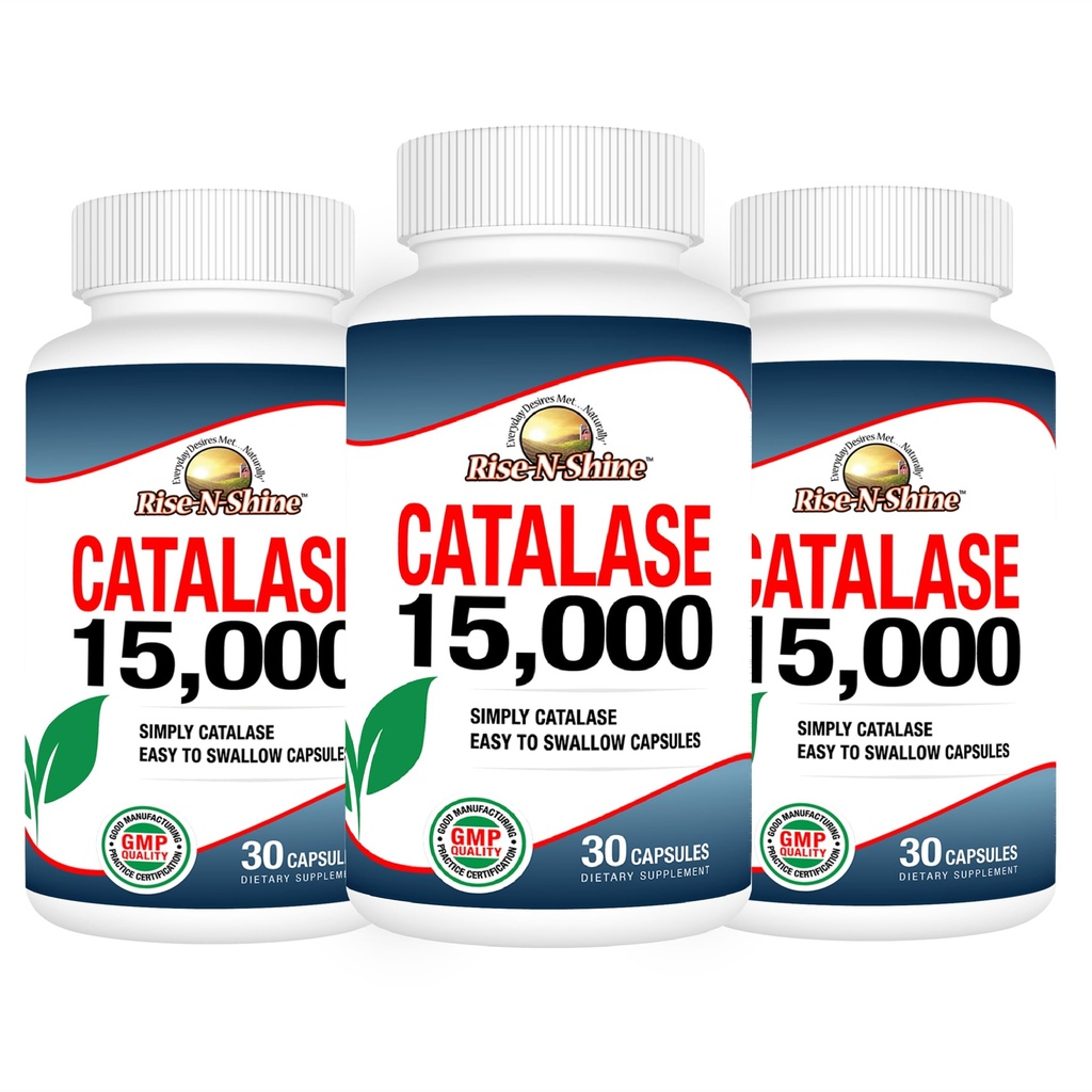 Supplément Catalase Rise-N-Shine 15 000 - Enzyme antioxydant puissant pour la santé des cheveux - Suppléments capillaires pour cheveux forts - 90 capsules - Pack de 3 bouteilles pleine grandeur (90 jours d'approvisionnement)