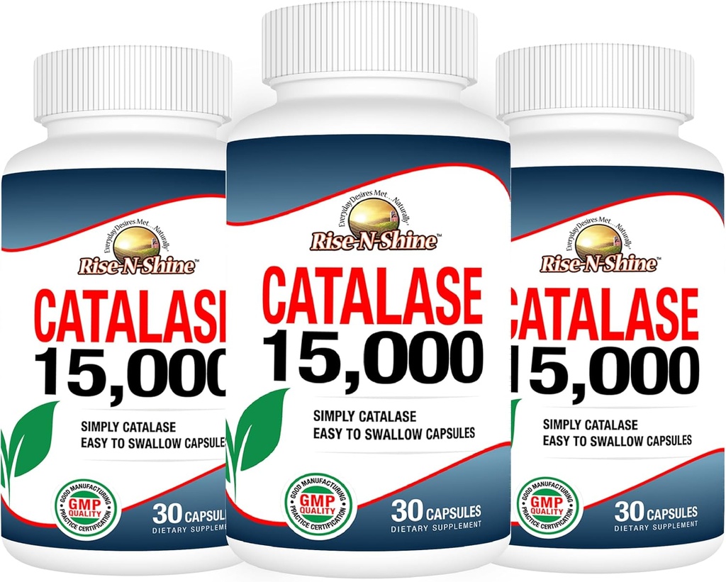 Supplément Catalase Rise-N-Shine 15 000 - Enzyme antioxydant puissant pour la santé des cheveux - Suppléments capillaires pour cheveux forts - 90 capsules - Pack de 3 bouteilles pleine grandeur (90 jours d'approvisionnement)