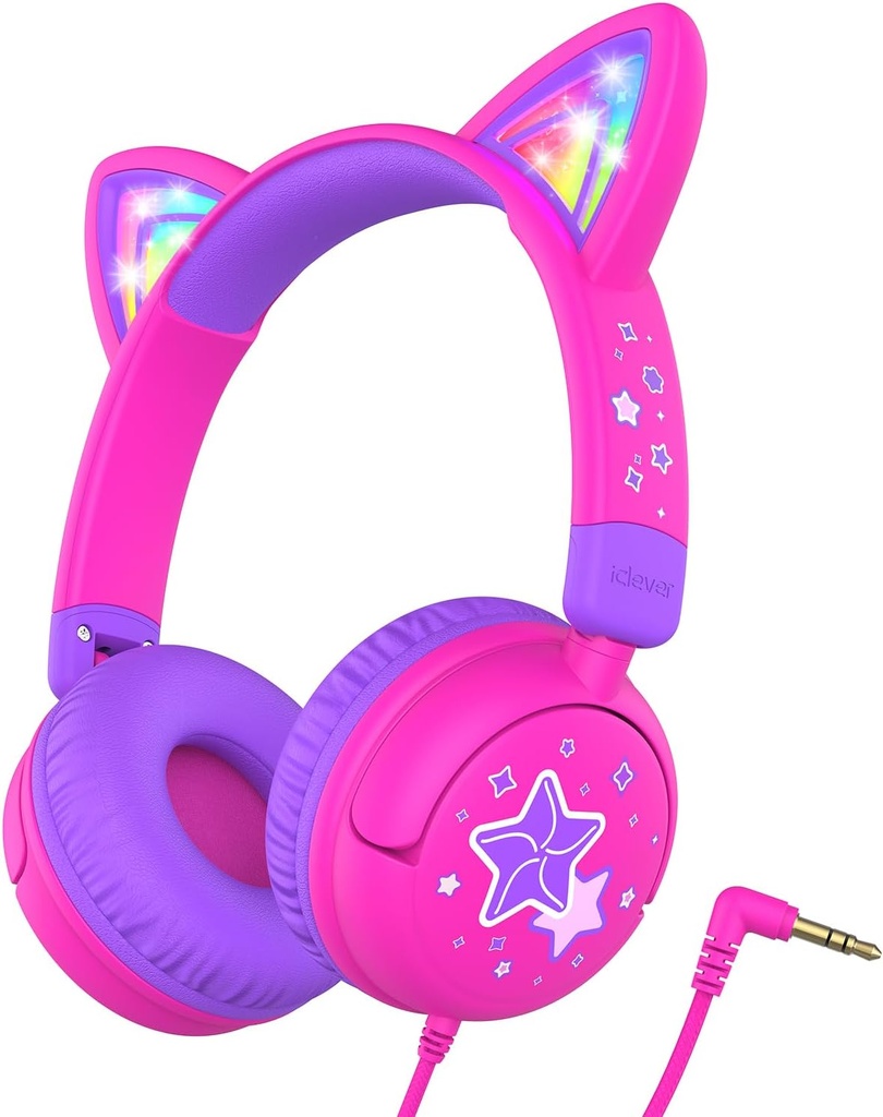 iClever Kids Headphones Cat Ear, LED Light Up, 85dBA Safe Volume, Stereo Sound Toddler Headphones for Travel School, Foldable 3.5mm Wired Kids Headphone for iPad Tablets, Meow Lollipop-Hot Pink